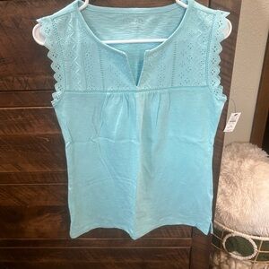 Talbots Sleeveless Eyelet Yoke Tank Top in Light Aqua